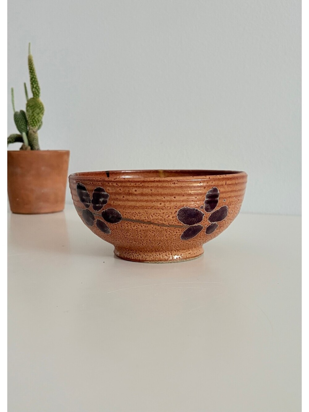 Kintsugi Stoneware Bowl Vintage Studio Pottery Speckled Hand Painted Florals
